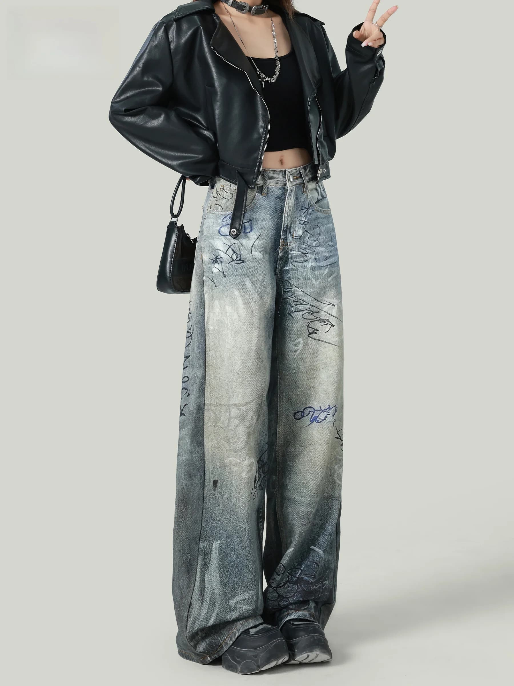 Retro American Graffiti Distressed High Waist Slimming Design Wide Leg Jeans for Women Autumn New Style Casual Cotton Denim