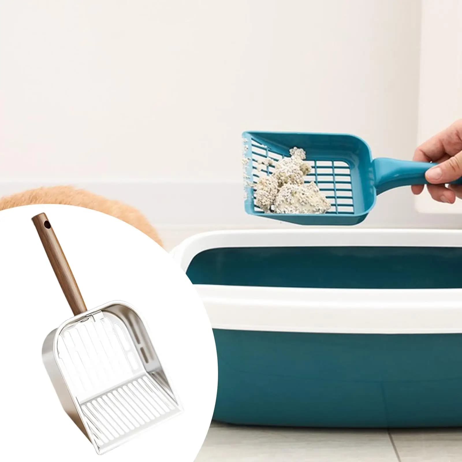 Durable Stainless Steel Cat Litter Scoop Long Handle Ergonomic Wood Grip Fast Sift Shovel for Cat Tray