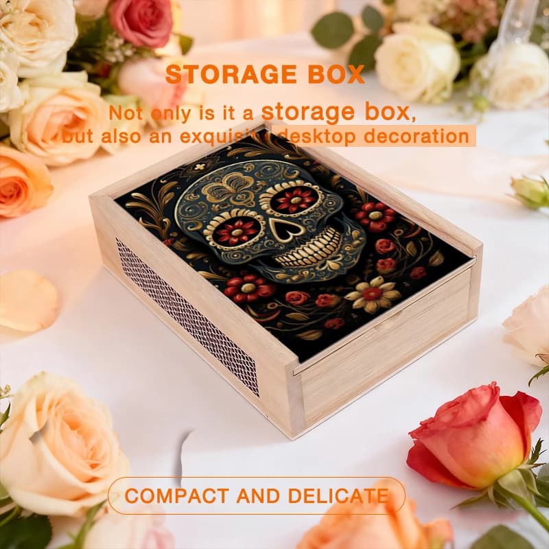 Scatola portaoggetti in legno con stampa 2D in edizione limitata per Halloween, design intricato con teschio e fiori, ideale per carte dei Tarocchi, gioielli o giochi