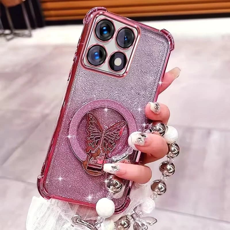Custodia per telefono con supporto a farfalla e braccialetto di perline per Motorola G14 G24 G34 G52 G54 G84 G86 G56 G10 G20 G06, antiurto, glitterata, morbida