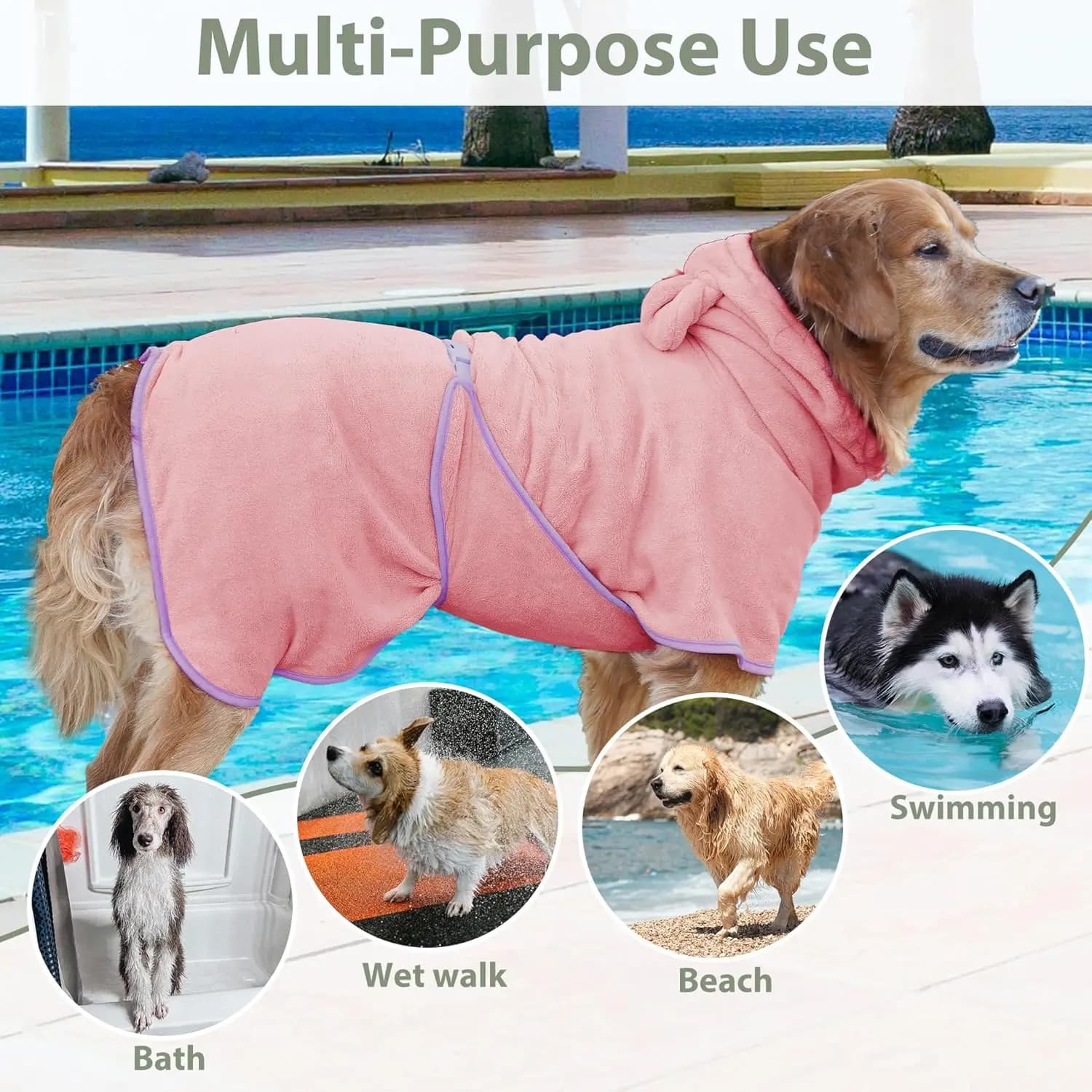 Super Absorbent Pet Bathrobe in Microfiber, Towel for Dogs and Cats, Bathrobe with Adjustable Hood for Dogs Carini