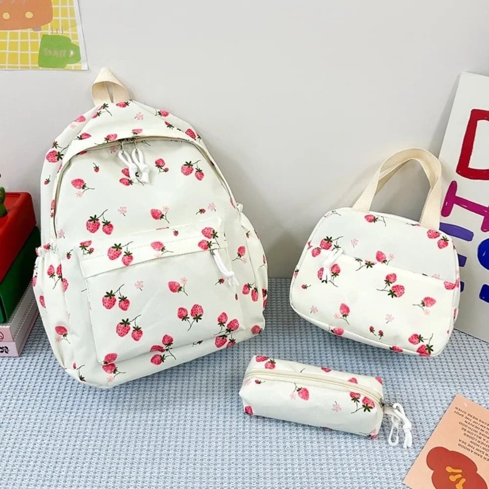 Zaino alla fragola in tessuto Oxford Borsa da scuola regolabile di grande capacità Stile preppy con borsa per il pranzo e astuccio Zaino da viaggio