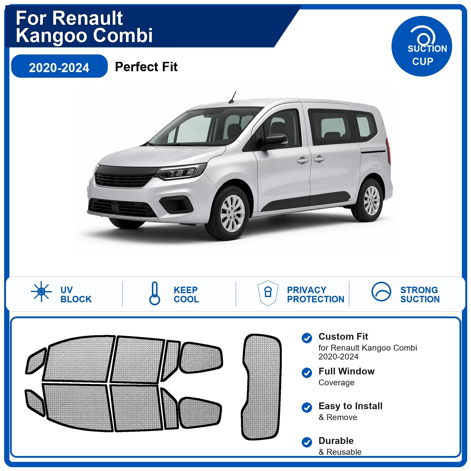 For Renault Kangoo Combi 2020-2024 Custom Full Set Windshield Sun Shade Aluminum Foil Heat Insulation Anti UV Foldable