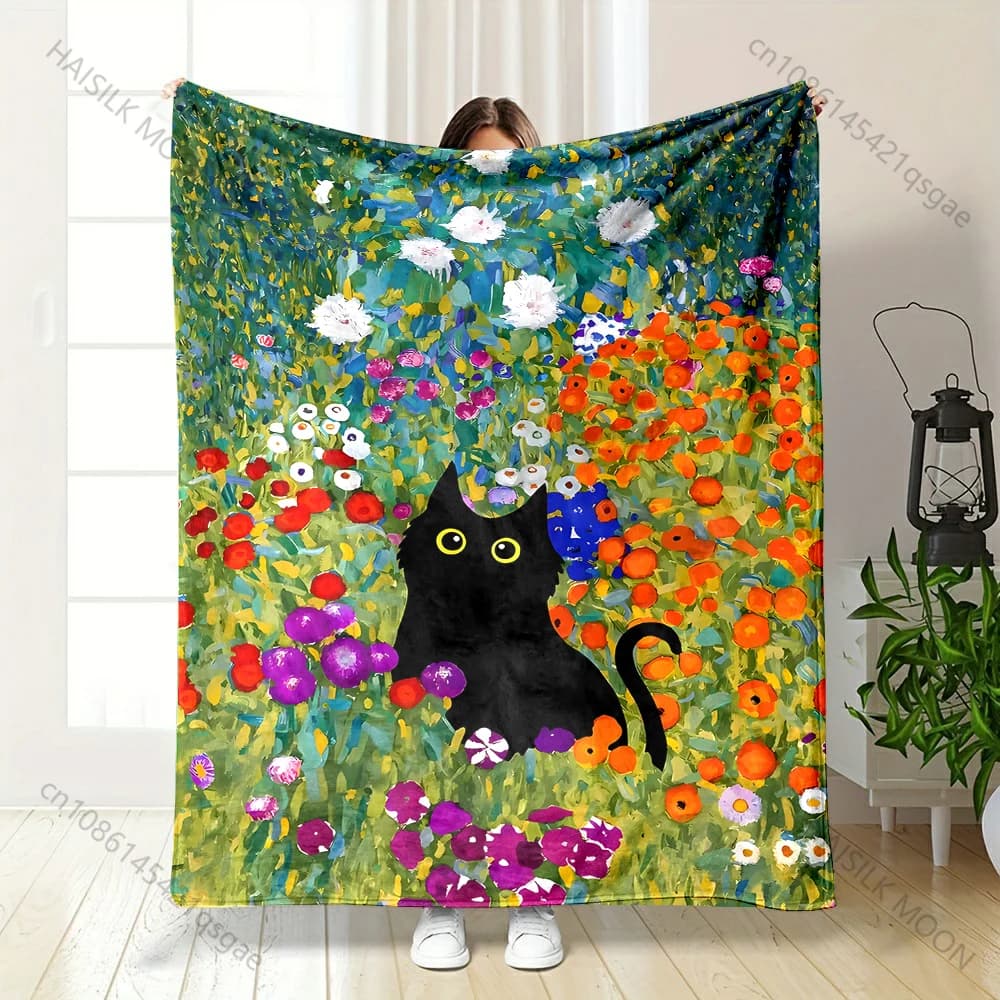 Coperta con stampa di gatto nero in un giardino di fiori colorati, calda, morbida e soffice, per bambini e adulti, per divano letto, per viaggi all'aperto, campeggio, camper