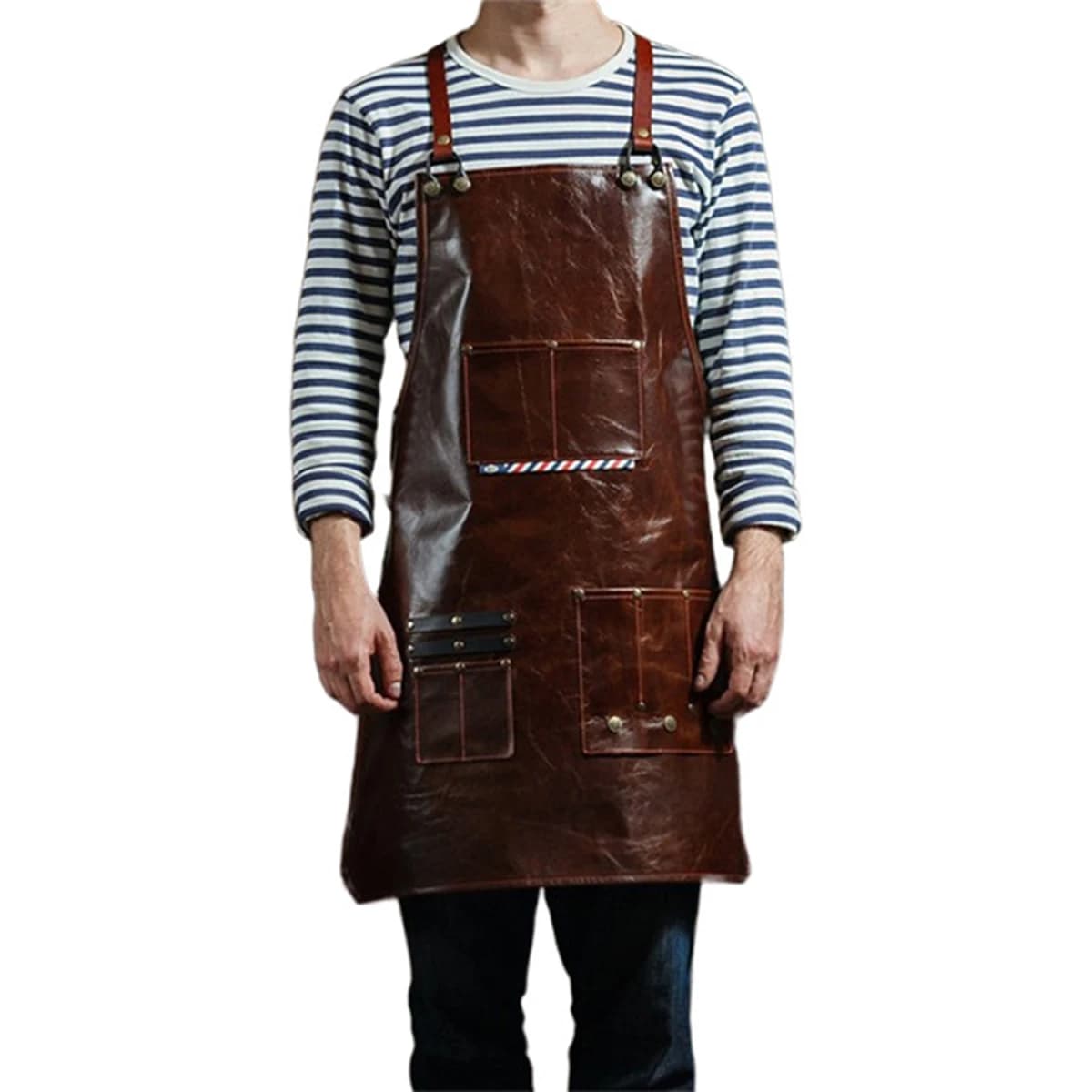 Grembiule da lavoro in pelle da uomo con tasche multiple Barbiere Caffetteria Grembiule per attrezzi da chef Cinghie regolabili Resistente impermeabile