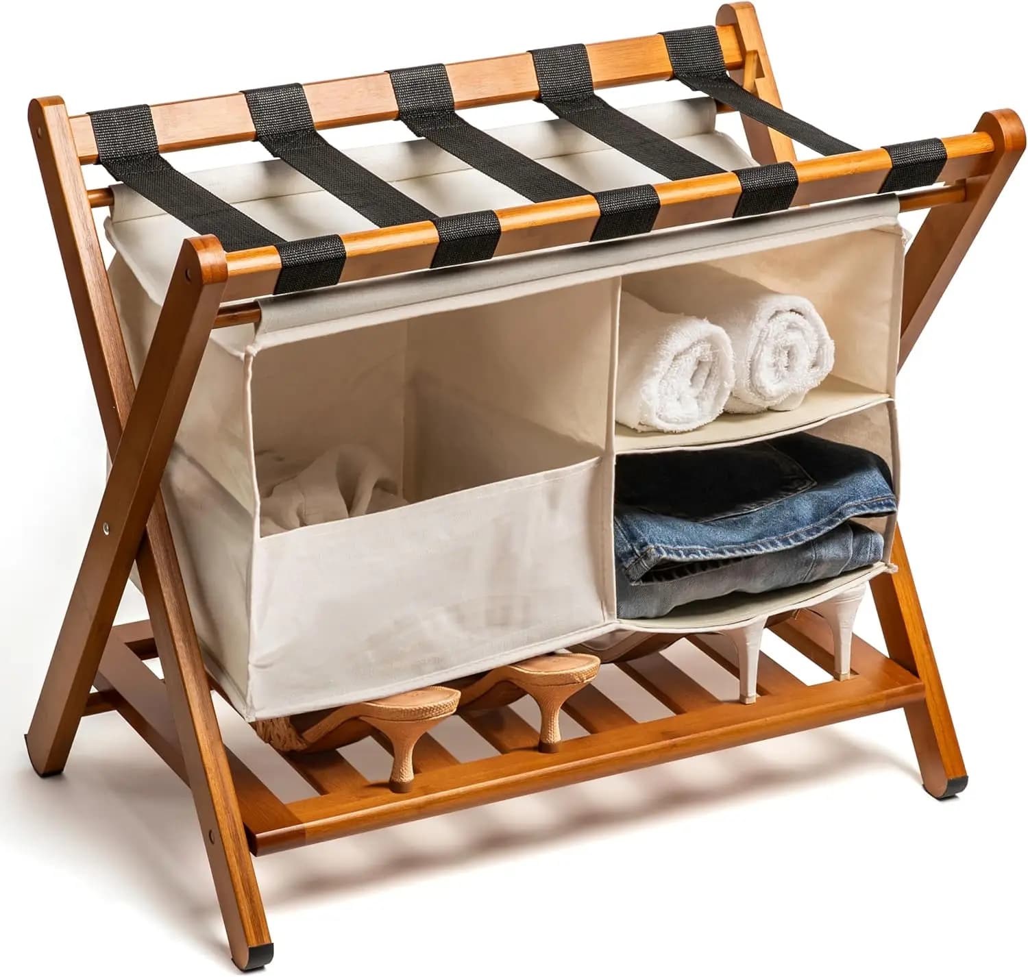 Foldable Bamboo hanger with Storage shelf and Bag for the Bucato, High capacity 97 kg per Guest room