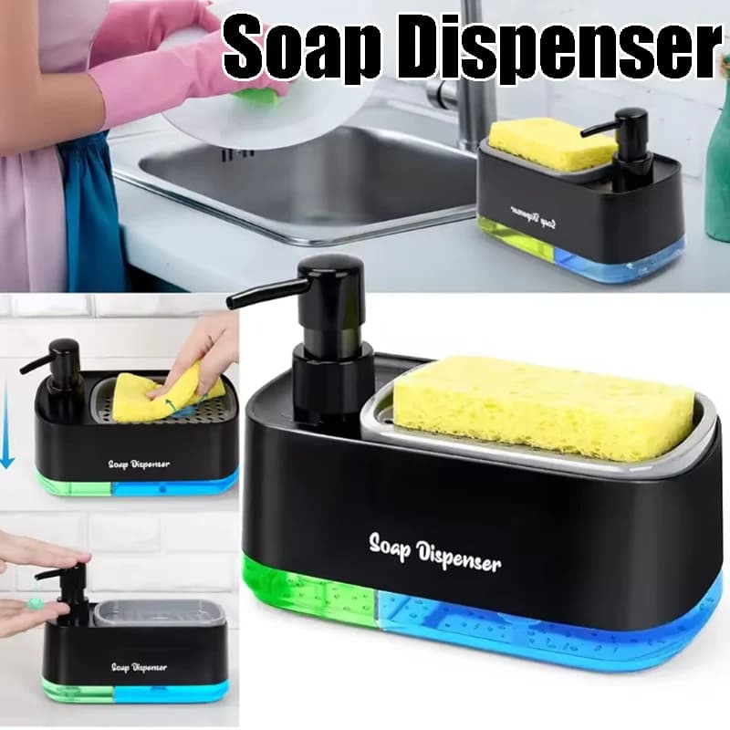 Set Dispenser Sapone Tutto-in-Uno con Doppia Pompa e Porta Spugna, Organizzatore 3-in-1 per Pulizia Cucina, Lavello e Piano di Lavoro