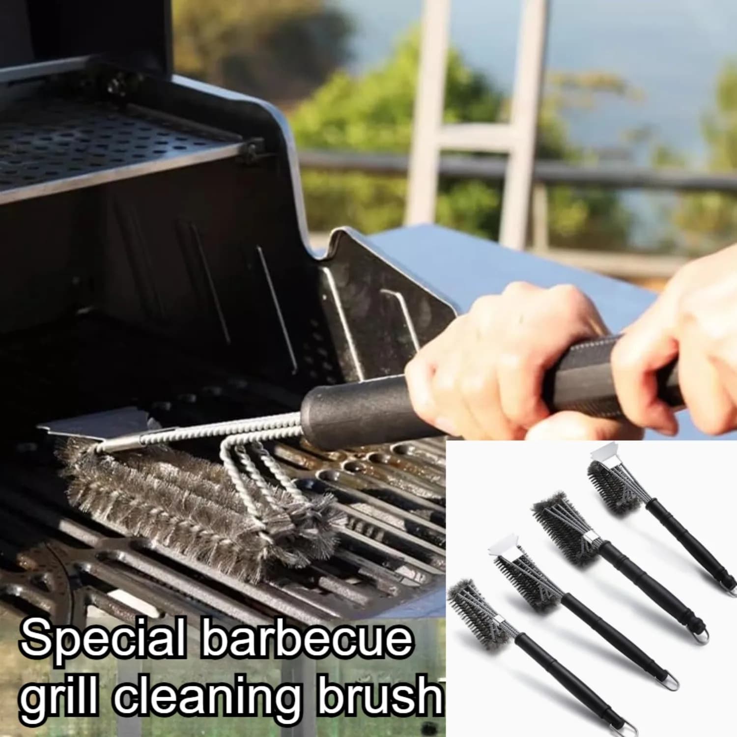 Set di spazzole per la pulizia del barbecue, Accessori per barbecue stile mocio, Spazzola di salvataggio per griglie, Spazzola per barbecue