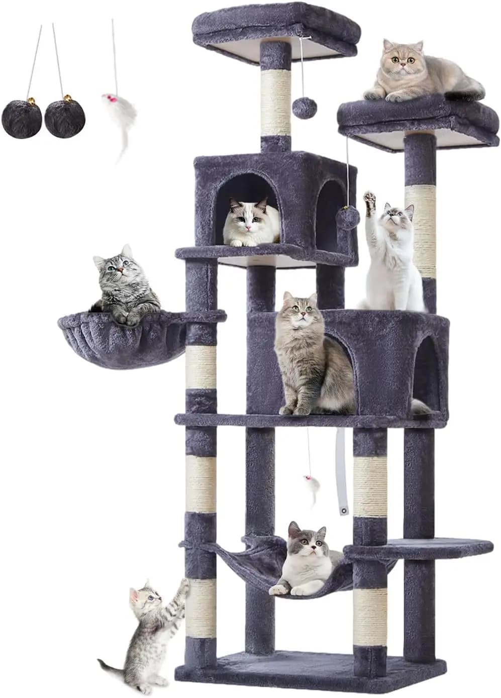 Cuccia per Gatti da Interno in Peluche, Materiale Morbido, Grigio Fumo, Multi-Livello con Tiragraffi