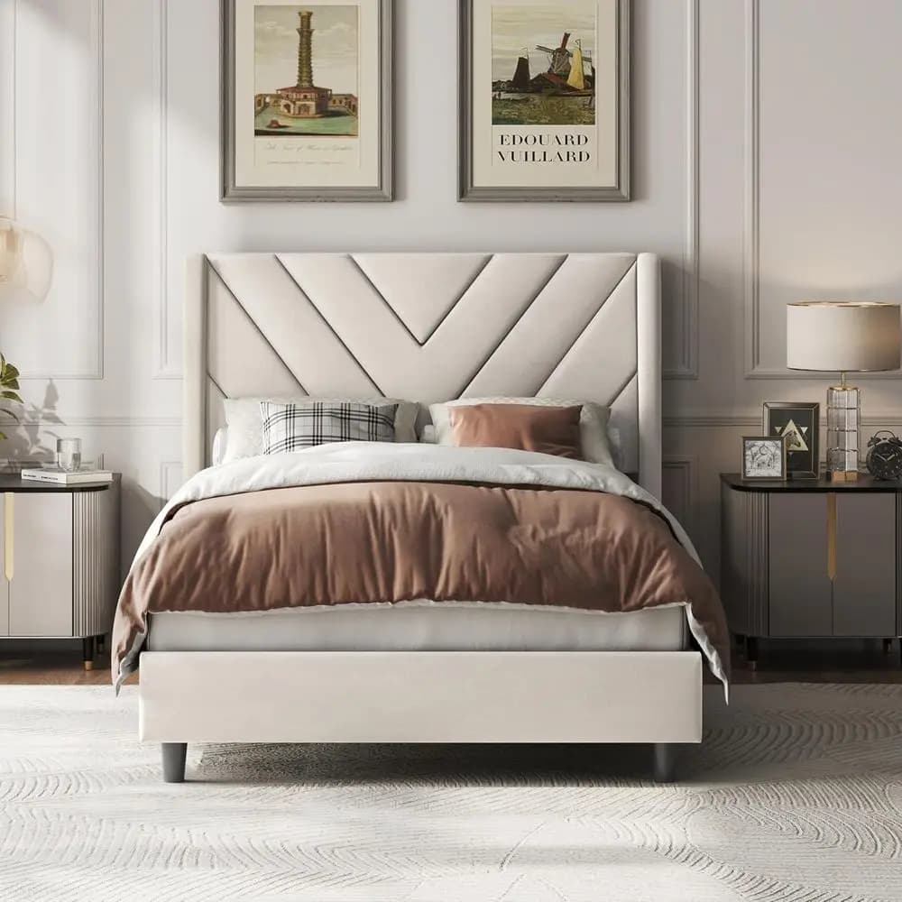 Single bed base padded with swallow tail headboard, wooden slats and quilted headboard with swallow tail, with base function for mattress