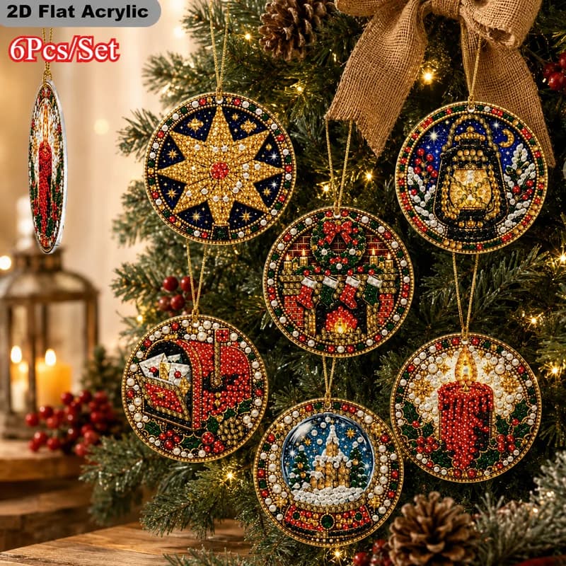 6Pcs/Set 2D Flat Acrylic Pearl Diamond Painting Hanging Ornaments, Christmas Snow Globe Lantern Candle Mailbox Star Fireplace