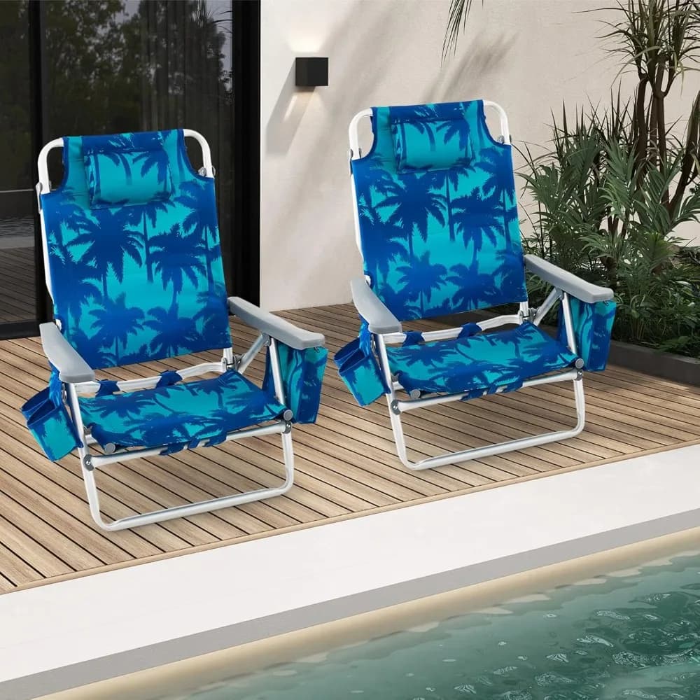 Sedia da Spiaggia Pieghevole, Sedie da Spiaggia a Zaino per Adulti con 5 Posizioni, Cuscino per la Testa, Borsa Termica, Porta Asciugamani, Personalizzabile
