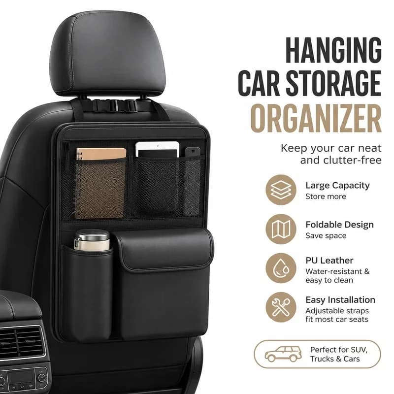 Premium Leather Car Seat Back Storage Bag with Adjustable Strap Multi-Pocket Auto Interior Organizer for Vehicles