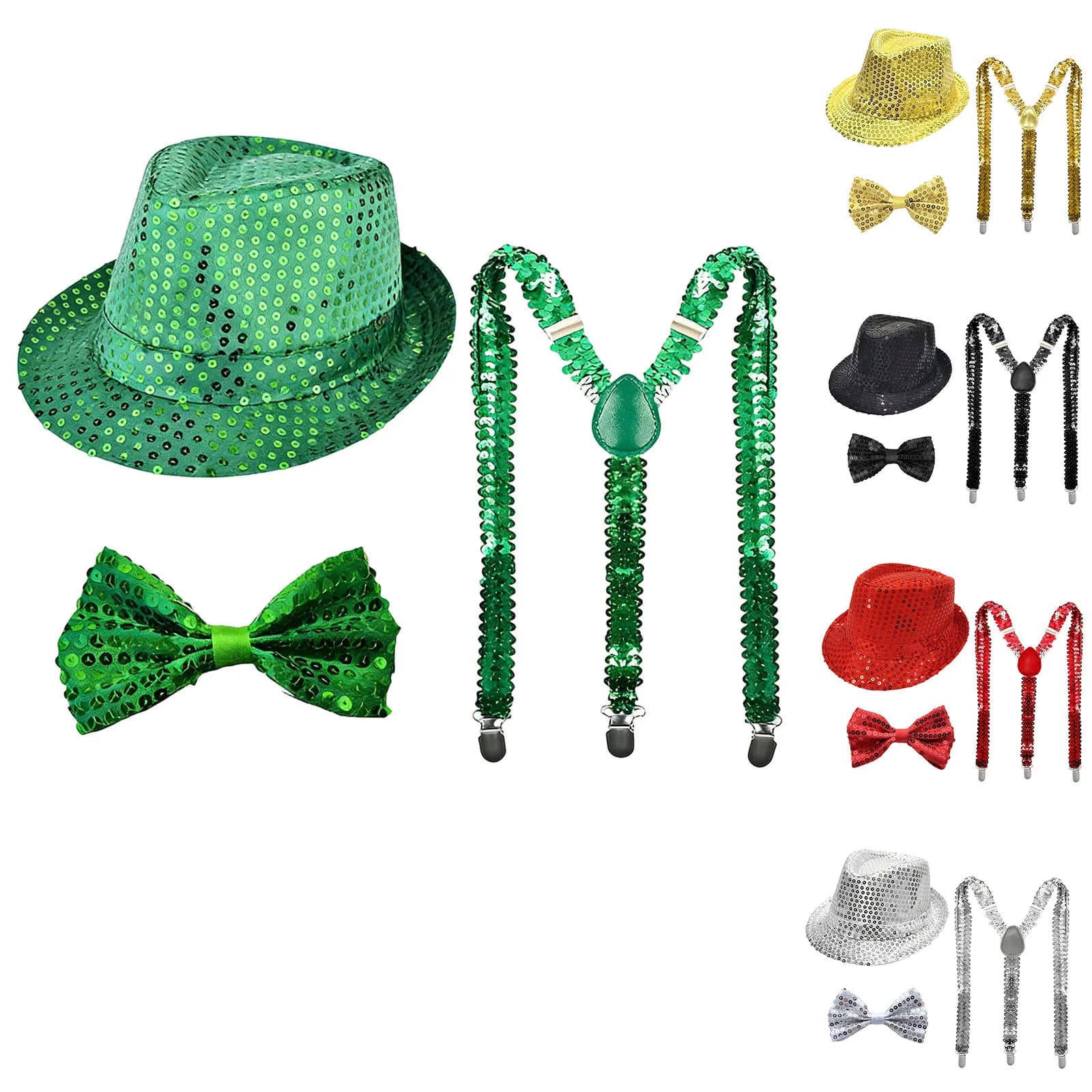 Set di Accessori per Spettacoli con Cappello con Paillettes, Cravatta, Guanti e Bretelle per Feste, Matrimoni, Natale, Carnevale e Balli in Maschera