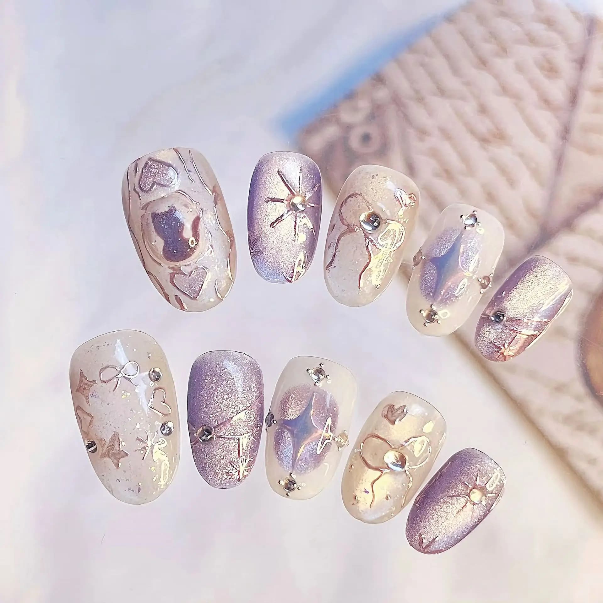 24 pieces purple cat eye nails fake spring aurora short oval print on nails tip rhinestones bow design nails fake wearable manicure