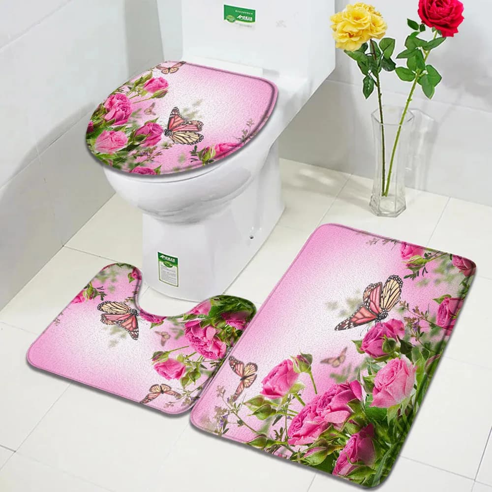 Set di tappetini da bagno con fiori naturali Set di rose rustiche Farfalle floreali Piante Tappeto per la casa Decorazioni per il bagno Tappeti Tappetino a forma di U Copriwater