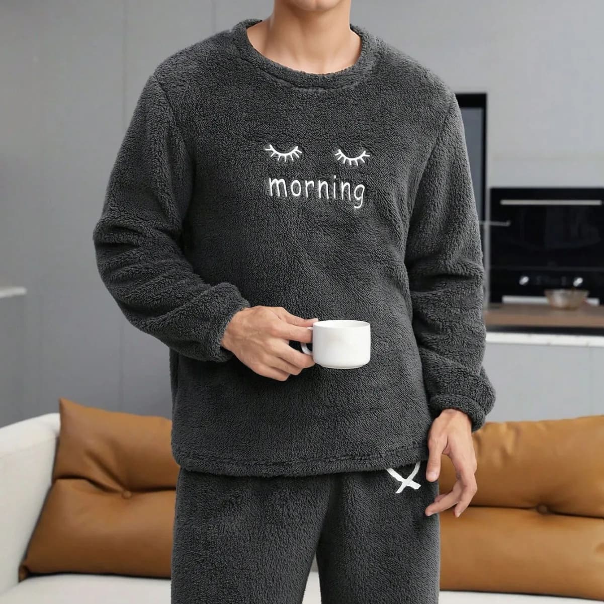 Sleepwear Pajamas for Men Men's Winter Pajamas Fall Plush Warm Loose Fit Set Spring Extra Thick Fluffy Home Wear Round Neck