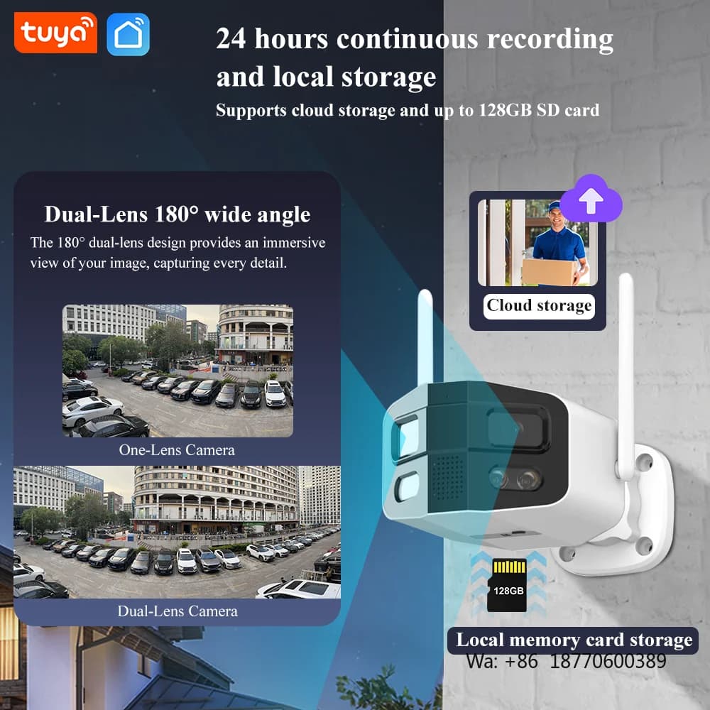 Tuya Smart Dual Lens 180 ° Telecamera di Sorveglianza WiFi HD per Esterni, Grandangolare, Wireless, per Videosorveglianza CCTV