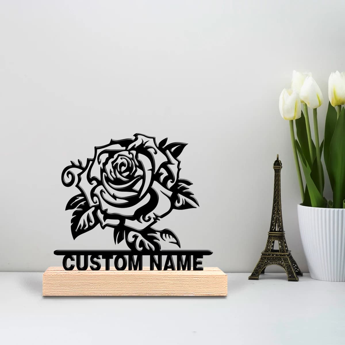 Custom Metal Statue with Wood Flowers and Base, Delicate Table Decoration for Bedrooms, Weddings