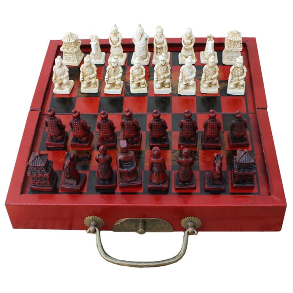 Set di scacchi con figure, gioco di scacchi dell'esercito in terracotta, scacchiera in legno pieghevole portatile, pezzi degli scacchi in resina, gioco da tavolo per famiglie