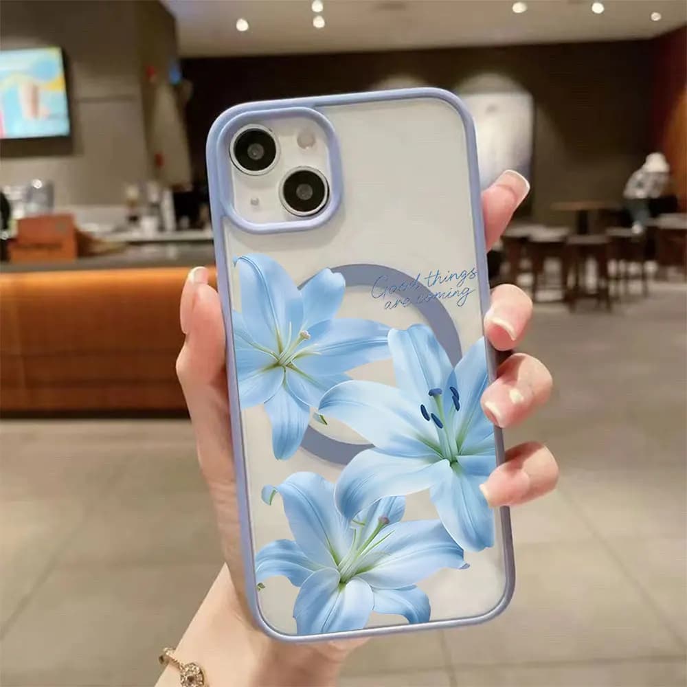 Custodia Magnetica Blu con Fiore di Giglio per iPhone 17 16 15 14 12 11 Pro Xs Max Plus Mini XR Air 17e 16e, Cover Rigida Smerigliata Magsafe