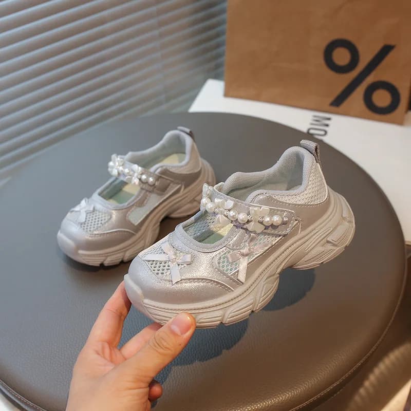 Spring New Women's and Children's Pearl Bow Mesh Shoes, Korean Style Princess Breathable Running Shoes, Children's Casual Shoes