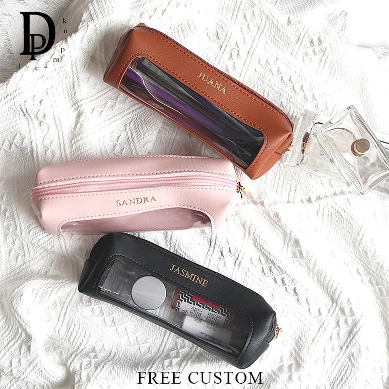 Custom Letters PU Leather Pen Pouch Transparent Engrave Name Travel Cosmetic Bag Make Up Bag Wholesale Business Pen Bags Gift