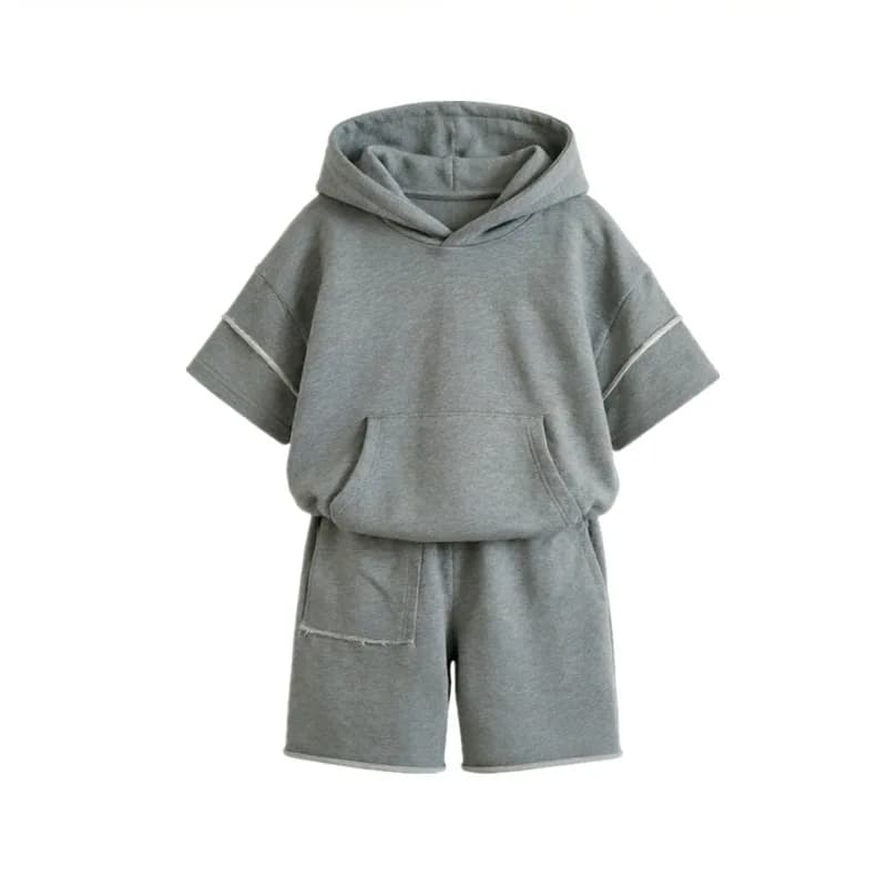 Completo Set Due Pezzi per Bambini 2026: Felpa con Cappuccio e Pantaloncini Tinta Unita dal Design Semplice, Bestseller Quattro Stagioni