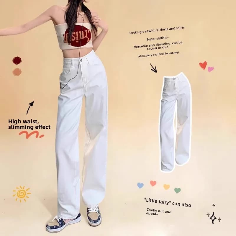 High Waist Wide Leg Straight Cut Jeans Women's Premium Feel Thin Cotton Stretch Denim Floor Length Pants Summer Fashion