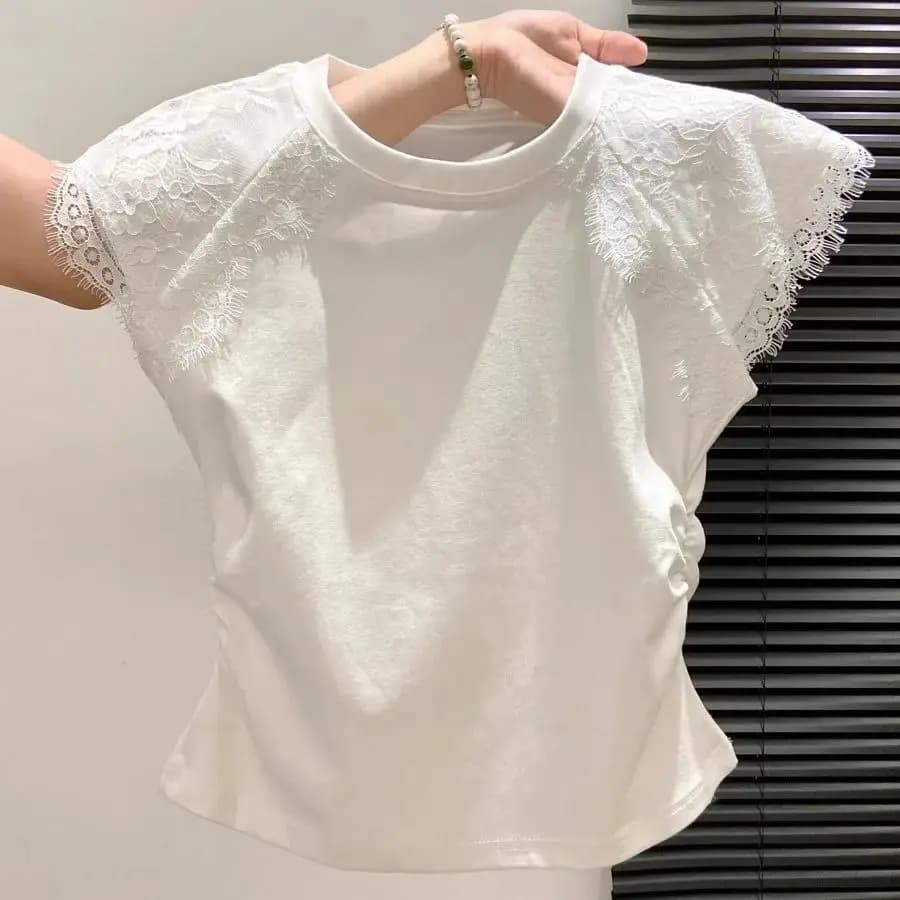Lace Patchwork T-shirt For Women's Summer 2025 New Elegant Pleated Slim Fit Basic Bottom Top Sweet Short Sleeved Versatile Tee
