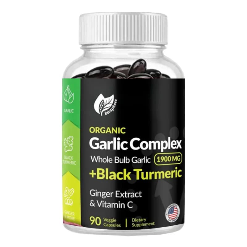 Organic garlic 4-in-1 Without Flavor, Containing Black Curcuma Supplement, 1900mg of Organic Garlic, Curcuma and Vitamins, 60 Capsules