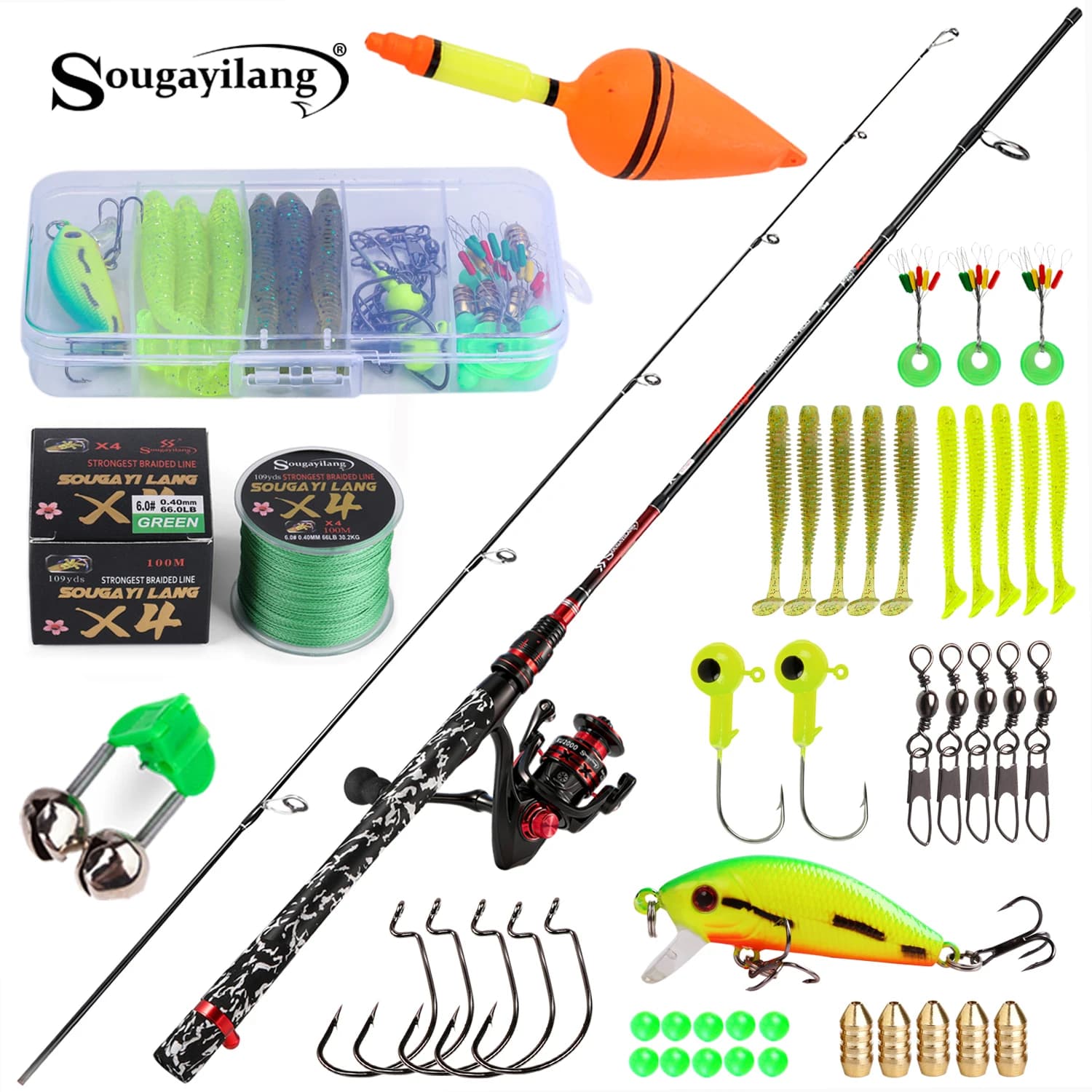 Sougayilang Set Completo Canna da Pesca Spinning e Mulinello con Filo, Esche, Ami, Galleggianti - Kit Completo Attrezzatura da Pesca per Acqua Dolce