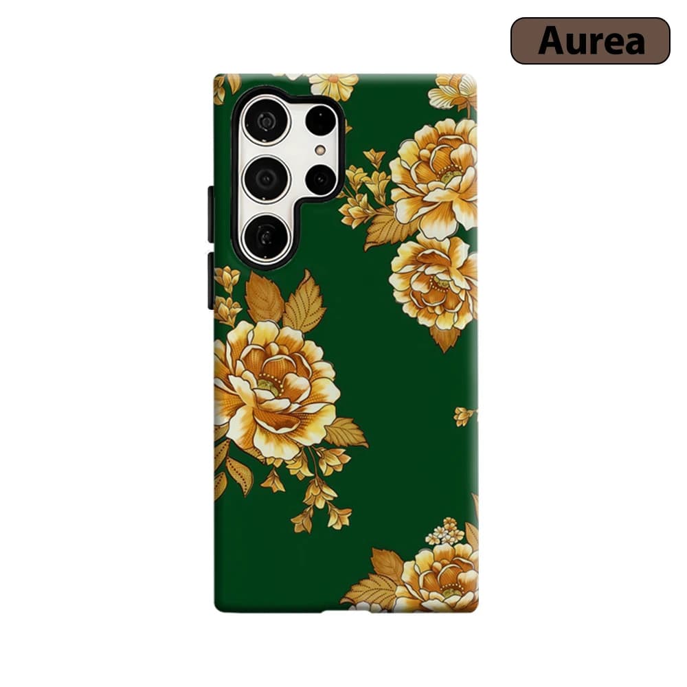 Cover per Telefono Verde Scuro con Motivi Floreali Dorati per Samsung Galaxy S25 Ultra S24 S23 Ultra Plus, Custodia Antiurto a Doppio Strato Resistente