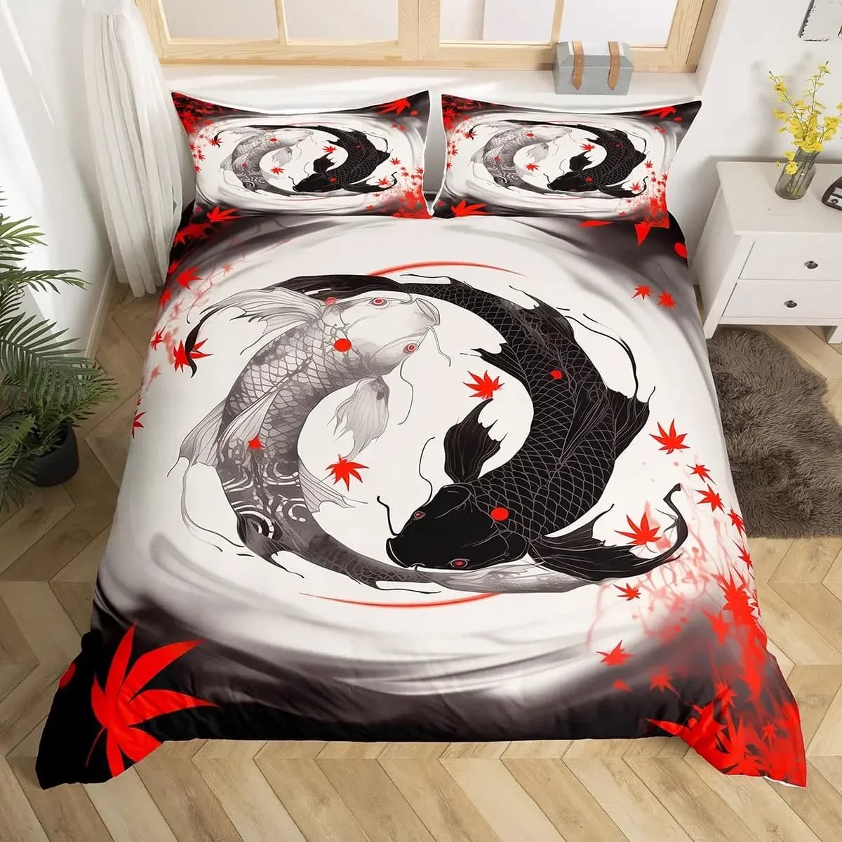 Set copripiumino con pesci rossi giapponesi Set copripiumino fantasia Yin Yang fiori di ciliegio Set biancheria da letto traspirante con onde del mare blu