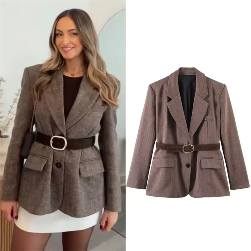 Women's Coat Spring 2026 New Style, Blazer Kaki Dark Fish Spine With Decorative Belt, Casual and Versatile