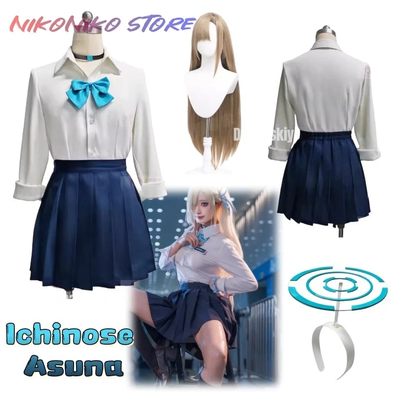 Costume Cosplay Blue Archive Ichinose Asuna, Outfit with White Shirt and Plissettata Blue Navy skirt, Daily Clothing JK, Halloween, Comic Con, for Women
