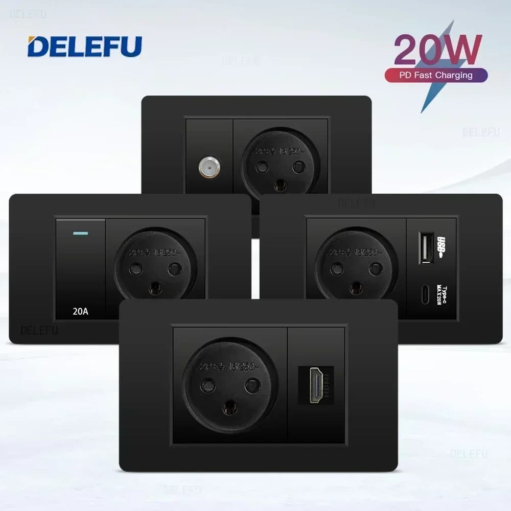 DELEFU Nero Ritardante PC Israele USB Tipo C Ricarica Veloce Presa A Muro Luce Tuya Wifi Smart Switch Sat TV Tel Campanello Tenda