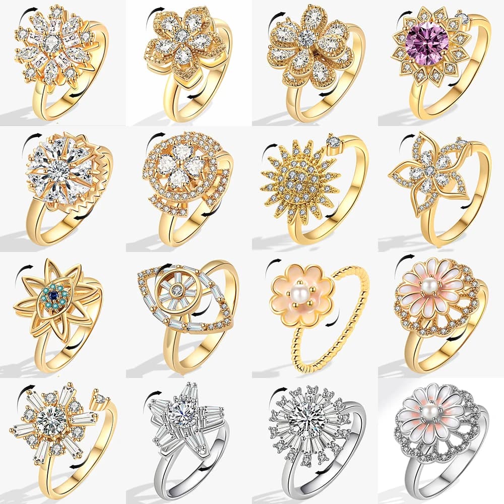 Nuova tendenza Anti Stress anelli rotanti e ansia gioielli donna fiore di cristallo metallo rame Fidget Spinner anello accessori