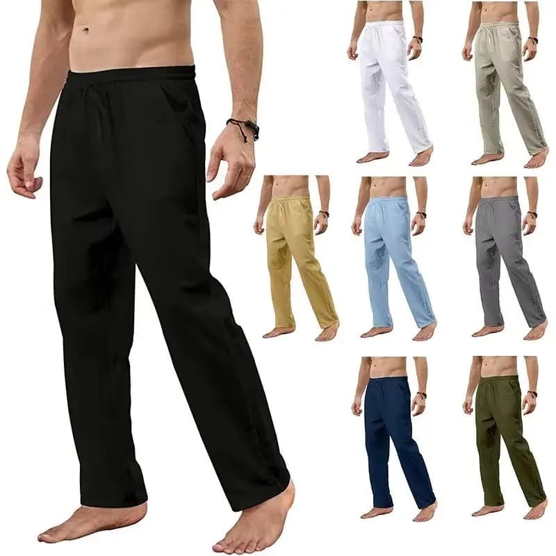 Men's trousers in cotton and linen, wide, breathable, casual, solid color, long, strong sizes, streetwear, fitness, light, for yoga