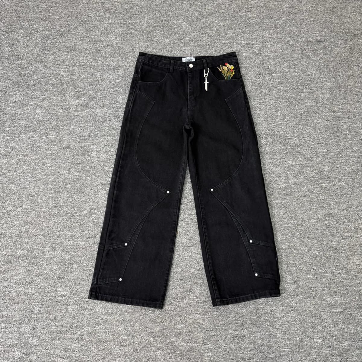 Streetwear Floral Embroidery Washed Baggy Jeans Pants for Men and Women Straight Casual Loose Denim Trousers Oversized
