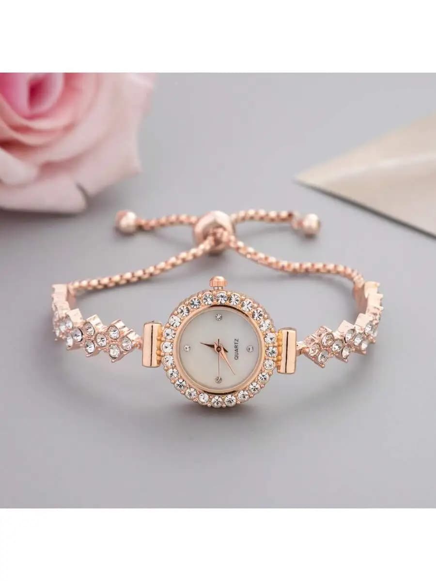 New Casual Fashionable Women's Bracelet Watch With Lovely Round Dial Decorated With Crystal And Rhinestone-Set Watch Strap,