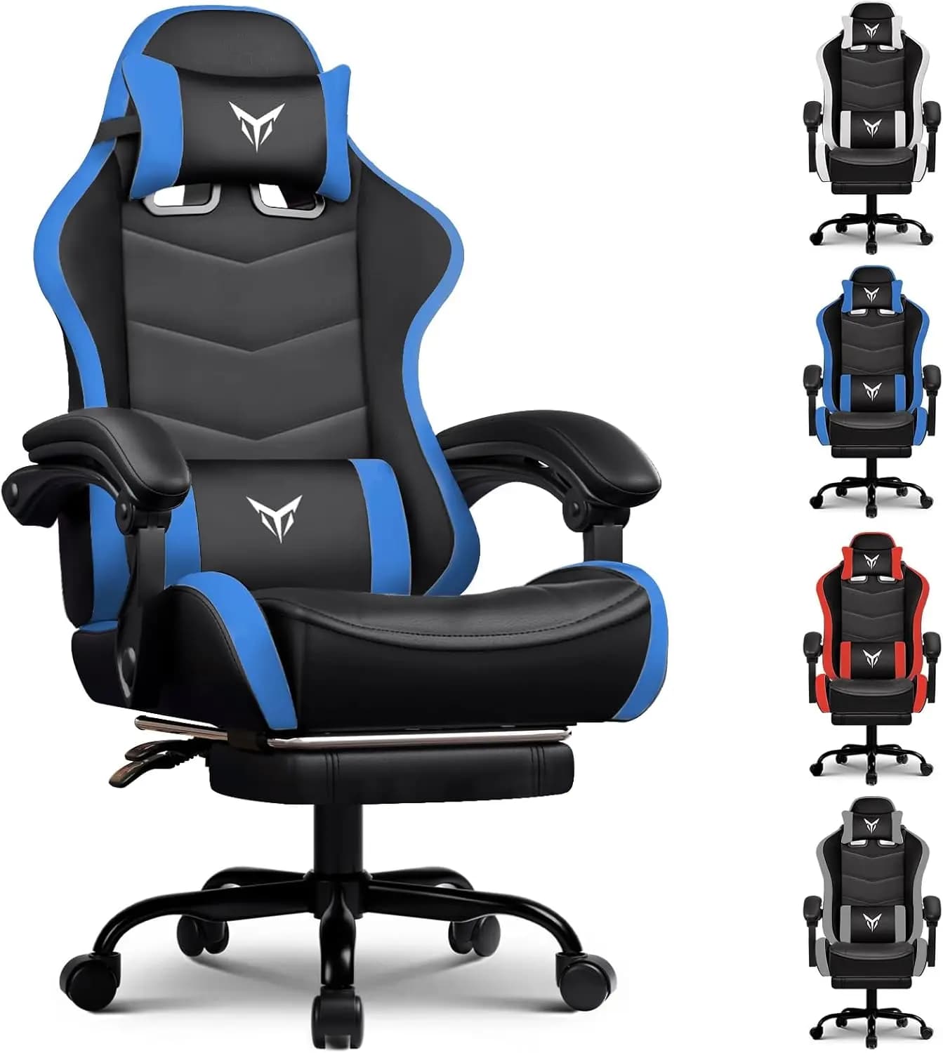 Sedia da gaming ergonomica con poggiapiedi, poltrona reclinabile con schienale alto in stile racing per adulti fino a 350 libbre, blu