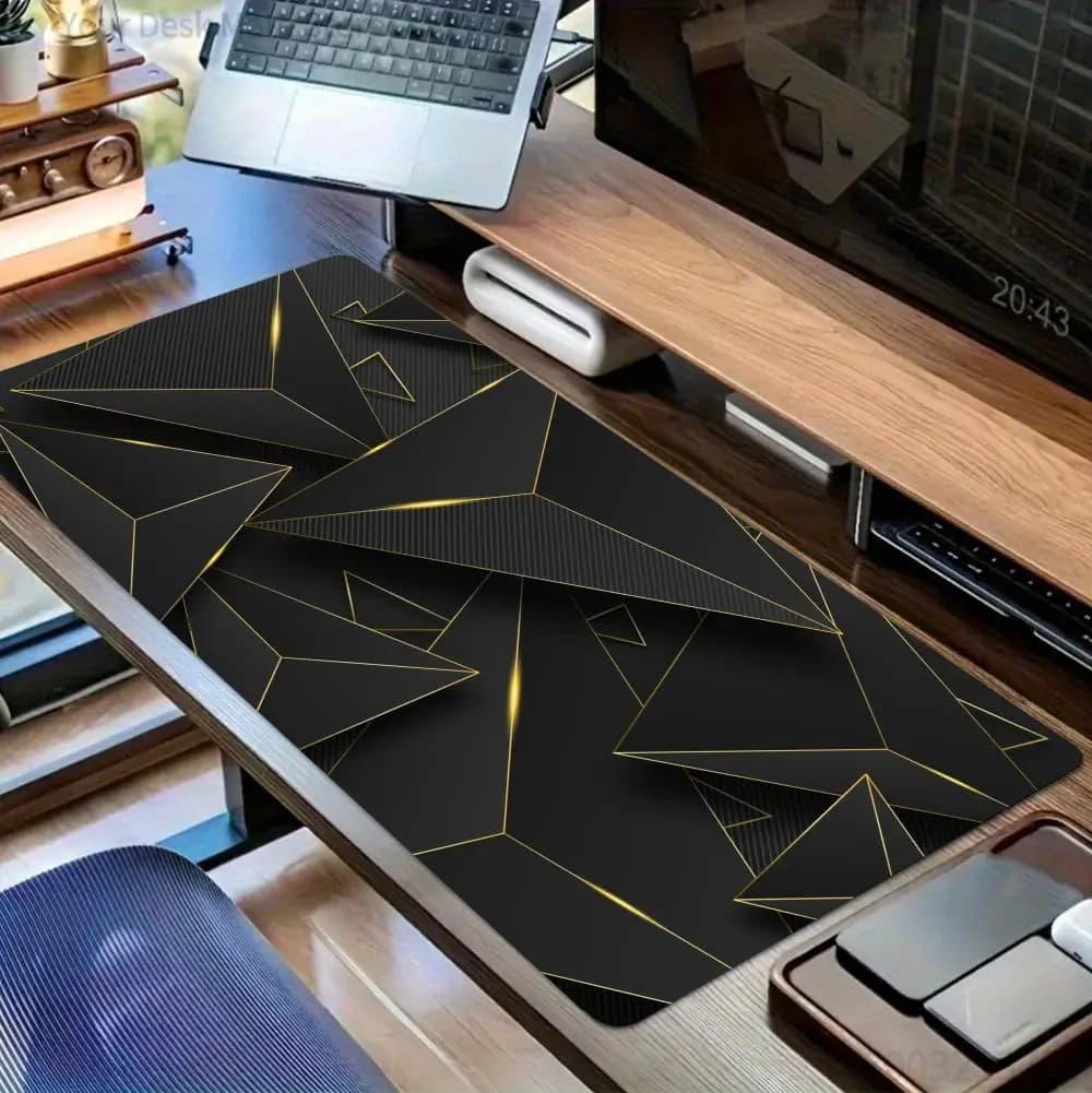 1Pcs Black Gold Geometric Large Lockedge Mouse Pad, Non-Slip Desk Mat for Gaming Office