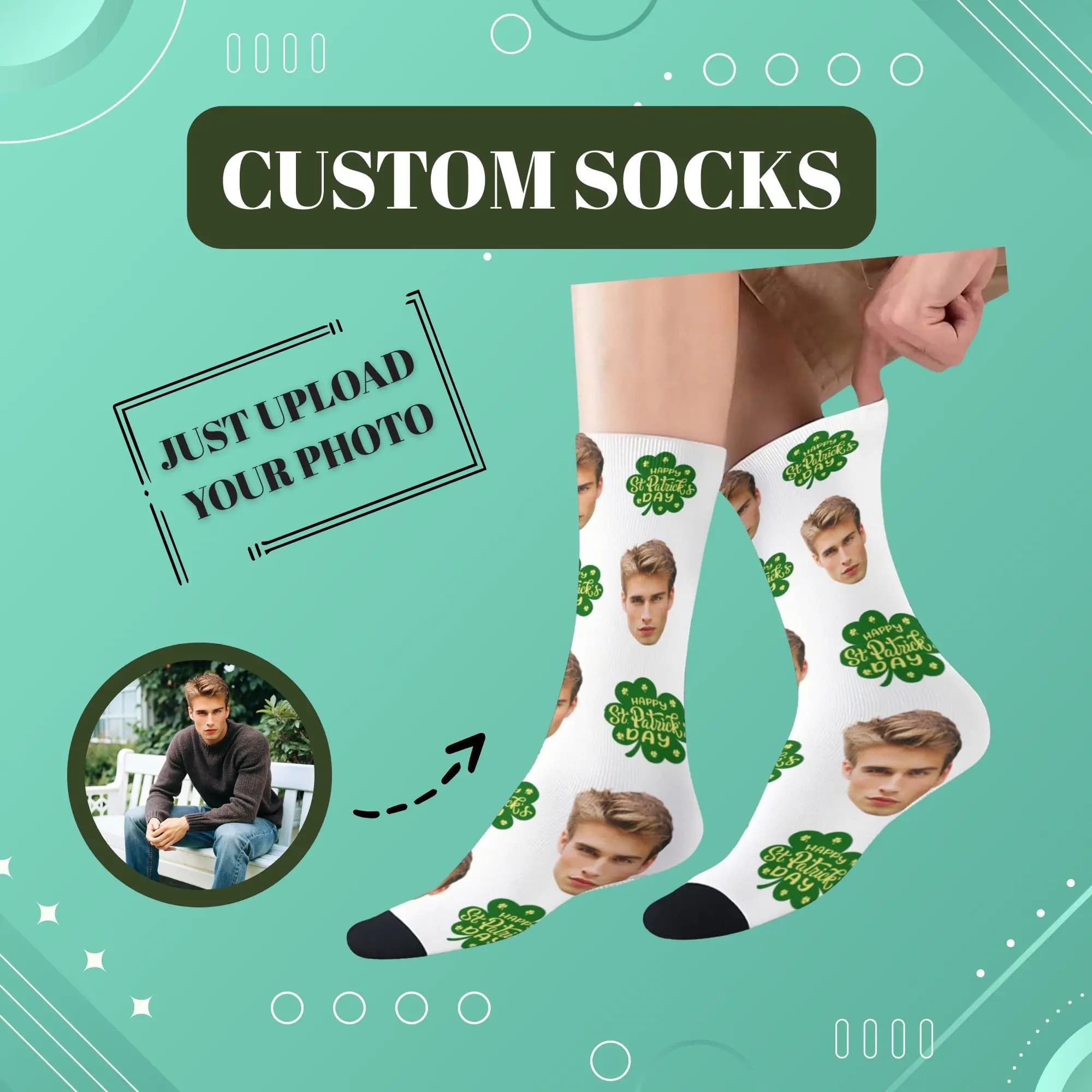 Custom Face Socks Print Face Photo Lovely Clover Details Print Personalized Custom-printed Socks Ideal St. Patrick's Day Gift
