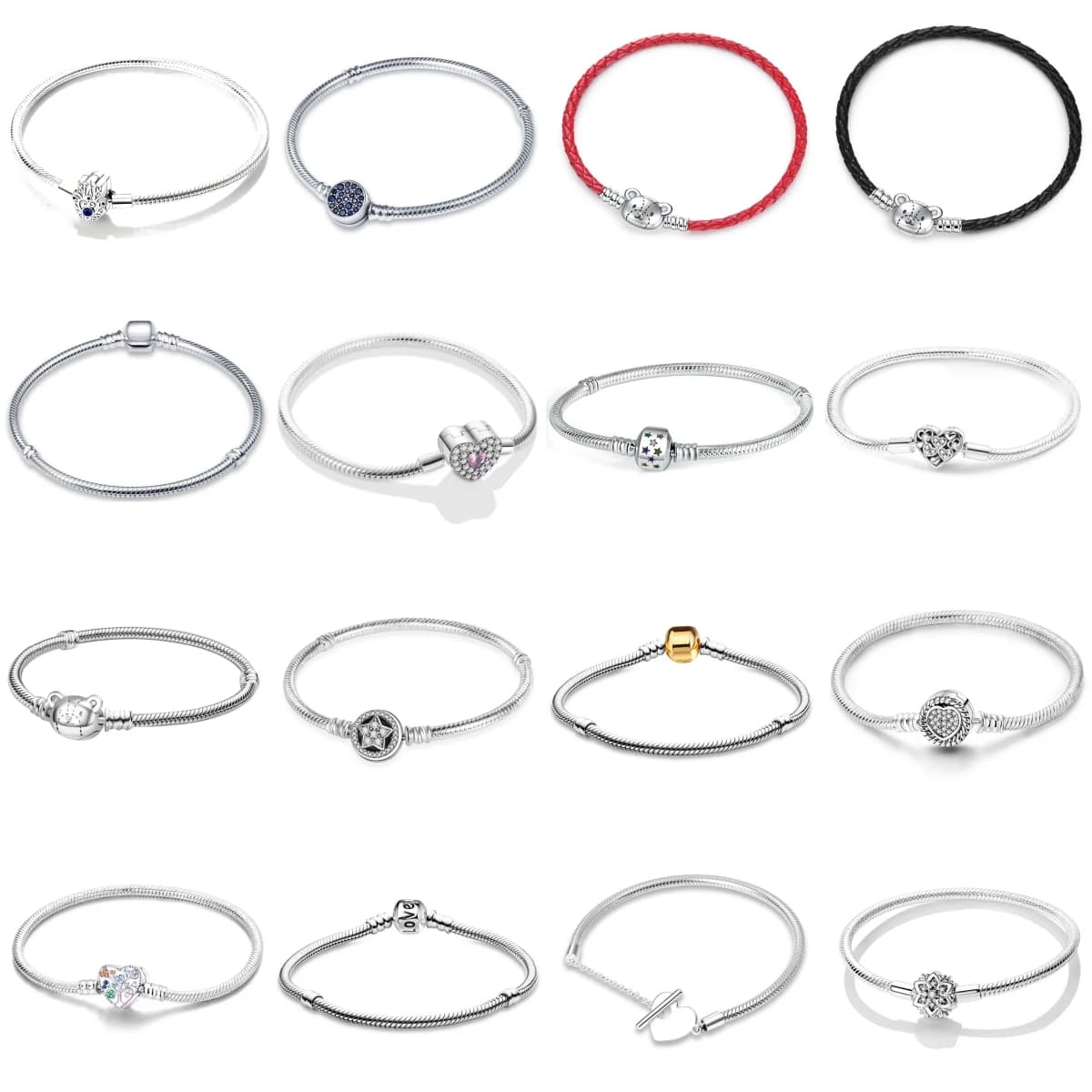 S925 Silver Snake Chain Charm Bracelet Bear/Heart/Star/Crystal Clasp Red/Black Rope Bangle Women Jewelry Gift