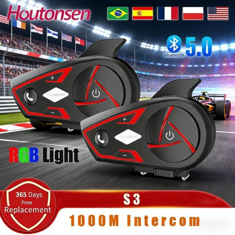 Casco Houtonsen S3 con Auricolare Bluetooth per Moto, Interfono Impermeabile con Luce Ambientale RGB Tricolore, Portata 1000M