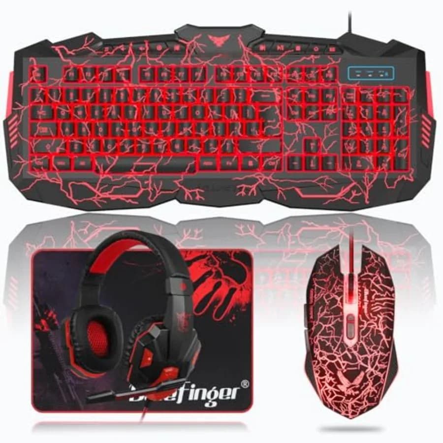 Combo Tastiera Gaming, Mouse e Cuffie USB con Retroilluminazione, 114 Tasti Luminosi, Tastiera LED e Cuffie LED per Laptop e PC