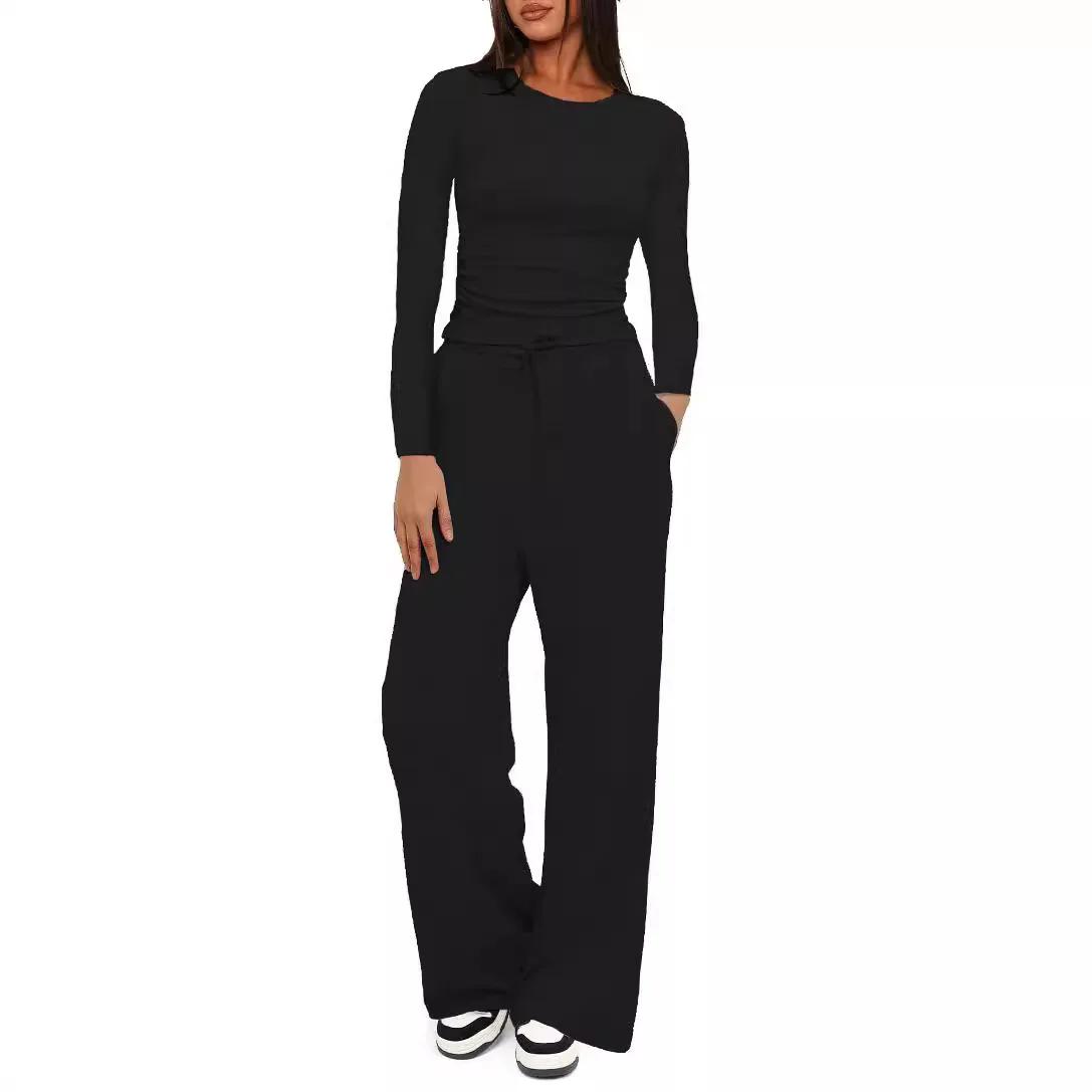 New 2026 Pure Color Casual Long Sleeve Set Top High Waist Wide Leg Pants Sports Wear Unisex Long Pants Color T-Shirt