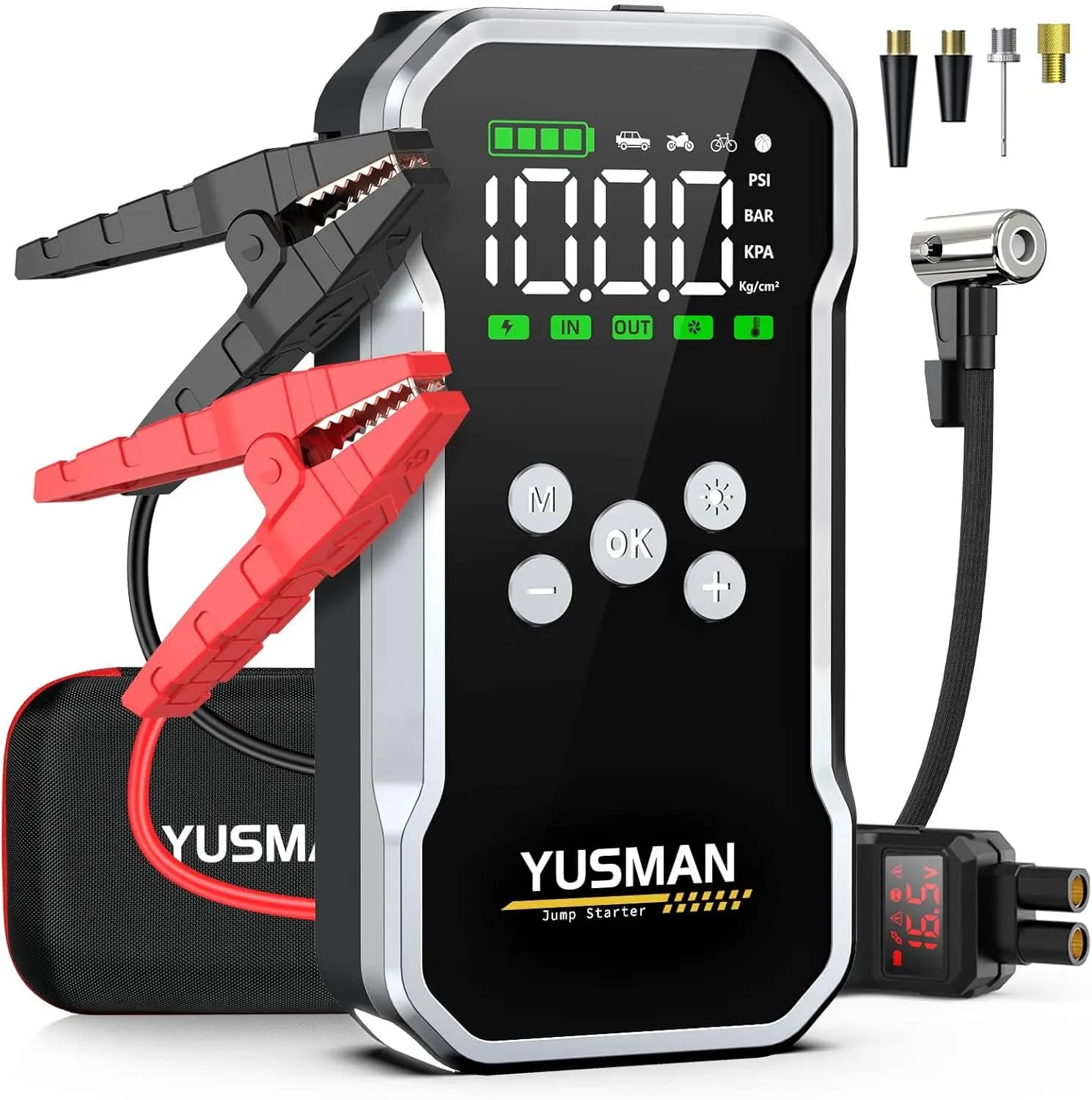 Avviatore di emergenza per auto da 6000 A con compressore d'aria, 150 PSI, booster batteria da 12 V, cavi intelligenti, luci a LED
