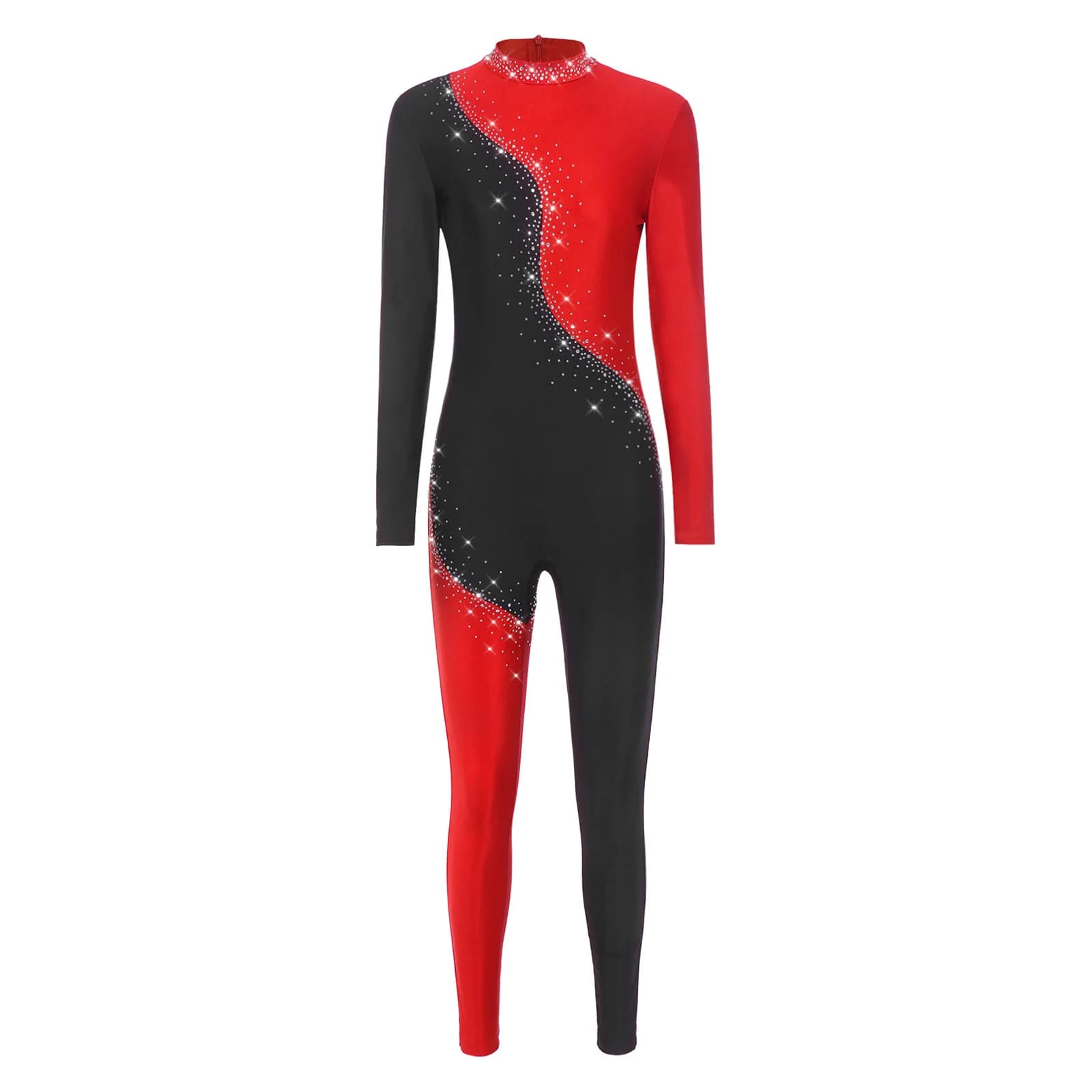Body intero da donna per pattinaggio artistico, a blocchi di colore, con strass, a maniche lunghe, con cerniera posteriore, per danza jazz e ginnastica